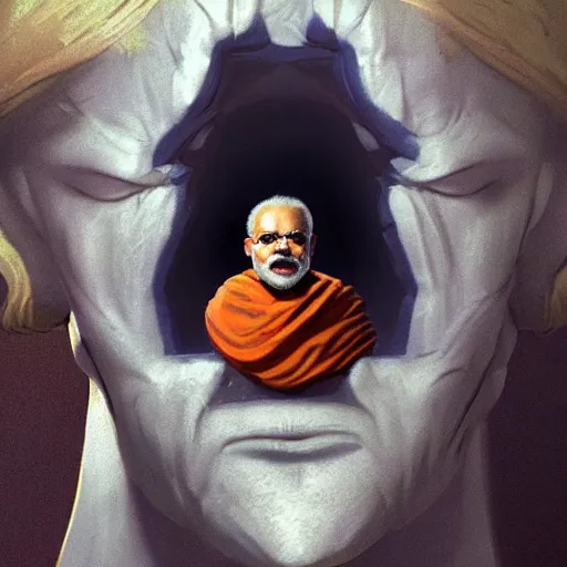 Image similar to Modi staring at you, 3d scene, render, ultra realistic, zenith view, Frank Frazetta, Richard Corben, Moebius, Greg Rutkowski, artstation, cgsociety, level design, unreal engine, 3d scene, render, ultra realistic