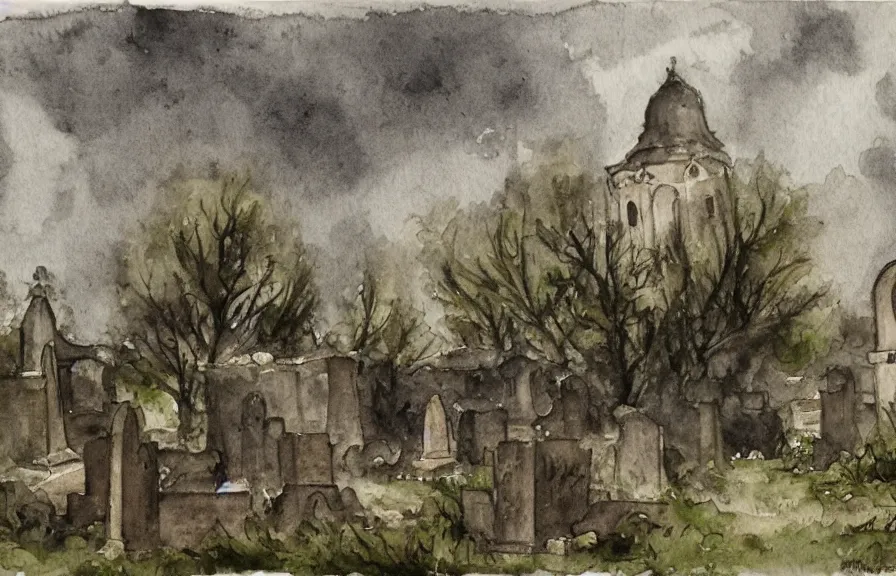 Image similar to monastery in a dark and gloomy forest with a graveyard and epitaph, rainy and stormy sky, watercolor painting