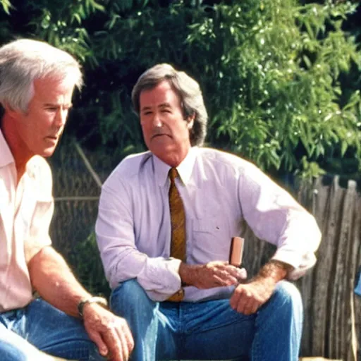 Image similar to kevin tighe with randy mantooth, sitting by a dumpster drinking beer, empty bottles