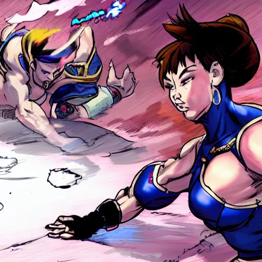 Prompt: chun li fighting hobbs in street fighter v by bill watterson