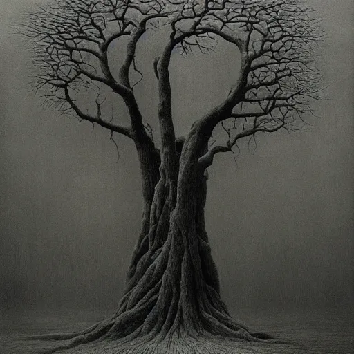 Prompt: tree of life, scary atmosphere, nightmare atmosphere, nightmare like dream by zdzisław beksinski