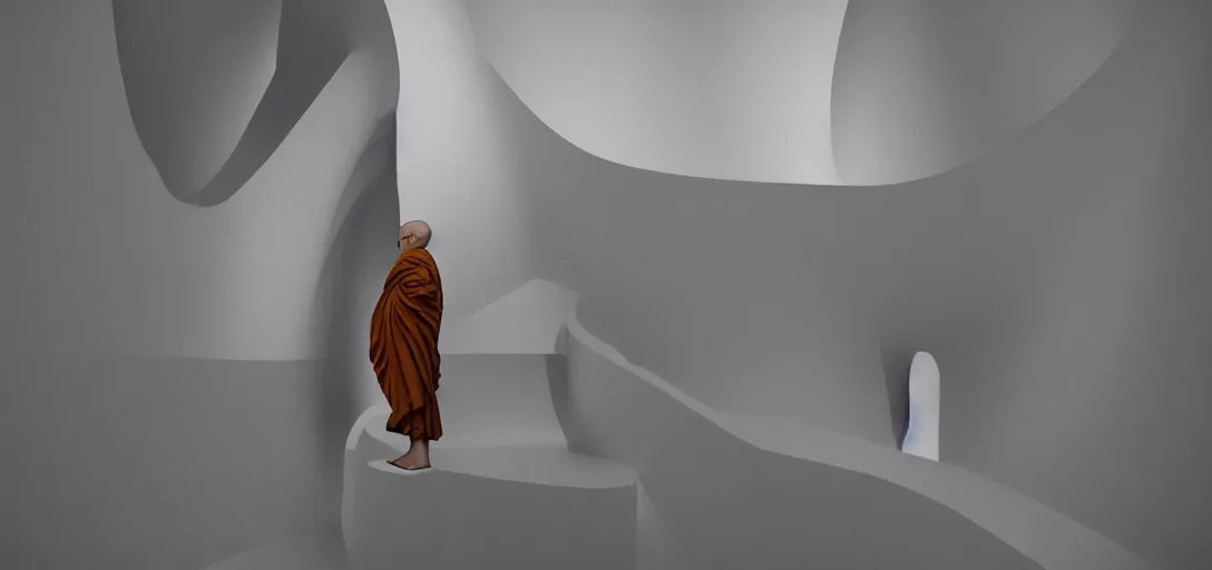 Prompt: 'buddhist monk a staircase' by marcel duchamp in the style of surrealism, 3d geometric abstract art, , rendered in octane highly detailed, intricate, sci-fi landscape, UHD, 4k, by rene magritte