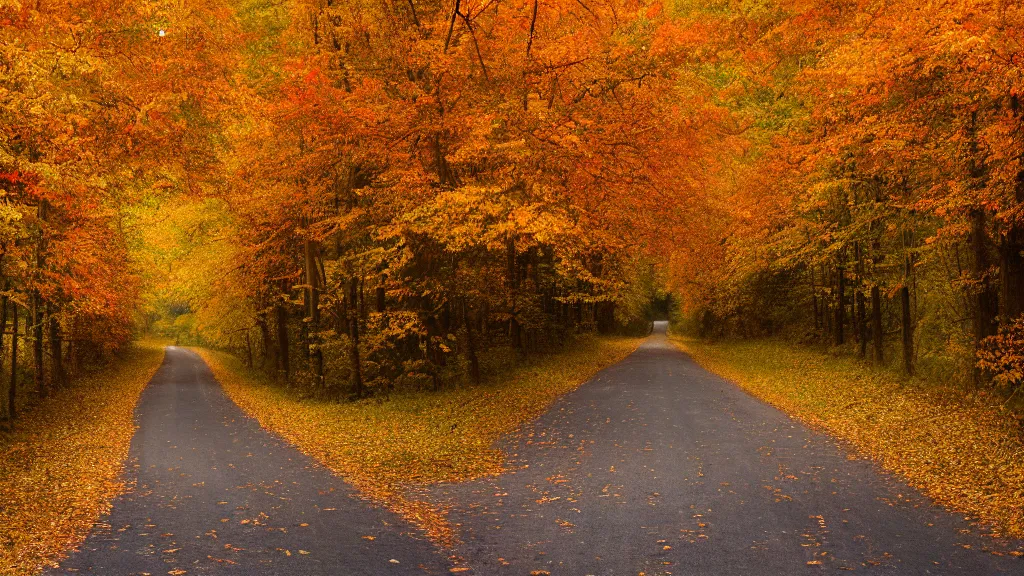 Image similar to a photograph of a country road lined on both sides by maple and poplar trees, in the autumn, red orange and yellow leaves, some leaves have fallen and are under the trees and on the road