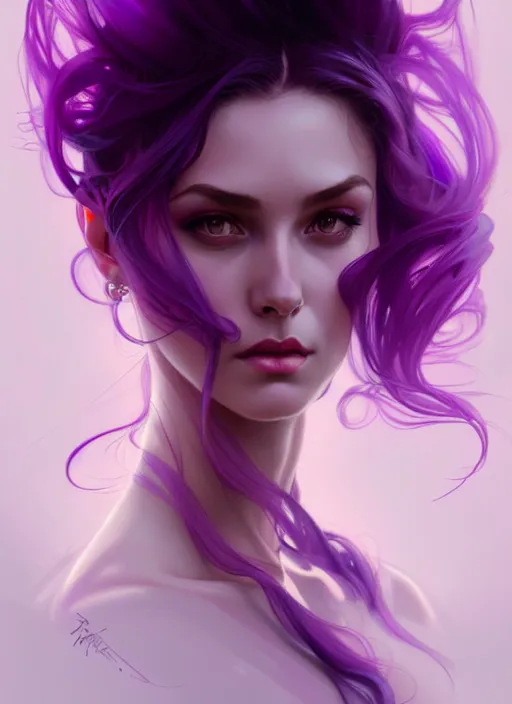 Image similar to Purple hair, creative colouring Portrait of woman, fashion, intricate, elegant, highly detailed, digital painting, artstation, concept art, smooth, sharp focus, illustration, art by artgerm and greg rutkowski and alphonse mucha