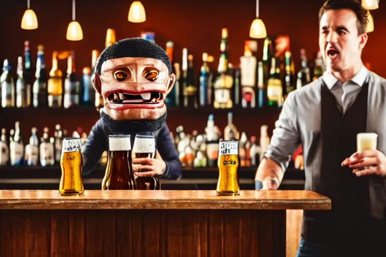 Image similar to a anthropomorphic bottle of beer stands in front of a bar yelling at the bar tender