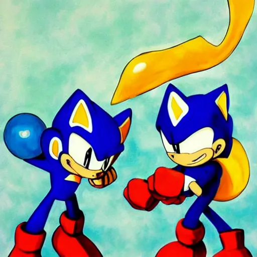 Image similar to Megaman fighting Sonic the Hedgehog, Painted By Akari Toriyama