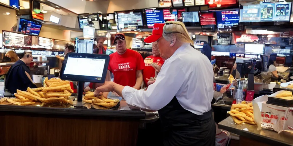 Image similar to trump working the register at a fast food restaurant