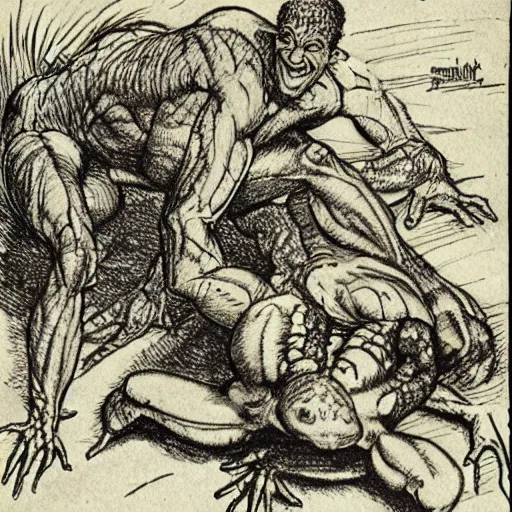 Image similar to a muscular frog man suplexing a toad man in a makeshift wrestling ring, detailed, artist arthur rackham