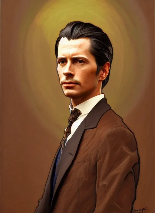 Image similar to oil portrait of miles edgeworth, intricate, elegant, highly detailed, lighting, painting, artstation, smooth, illustration, art by greg rutowski and alphonse mucha