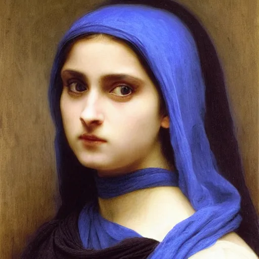 Prompt: A very detailed portrait of Alia Atreides, a girl with glowing blue eyes, wearing a black robe with a burnoose, by William-Adolphe Bouguereau