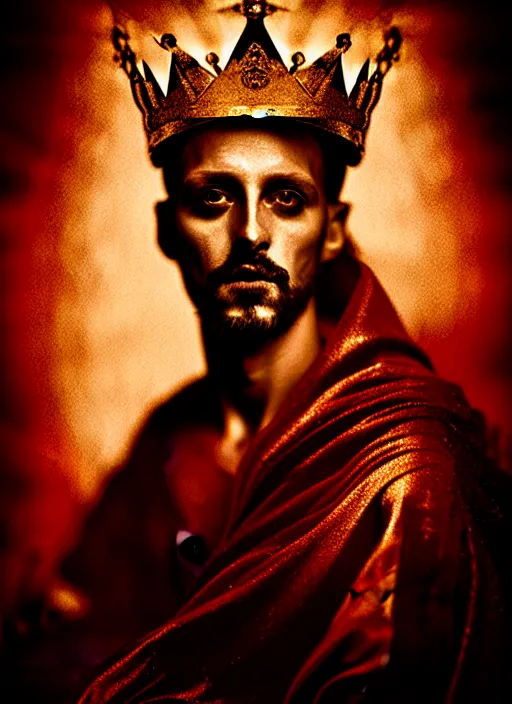 Image similar to 'Portrait of Crowned King Arthur' by Lee Jeffries royally decorated, whirling plasma, atmospheric motes, red and gold Sumptuous garb, gilt silk fabric, radiant colors, fantasy, perfect lighting, studio lit, micro details,