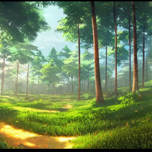 Prompt: forest lanscape panorama by makoto shinkai in pixar style made in china
