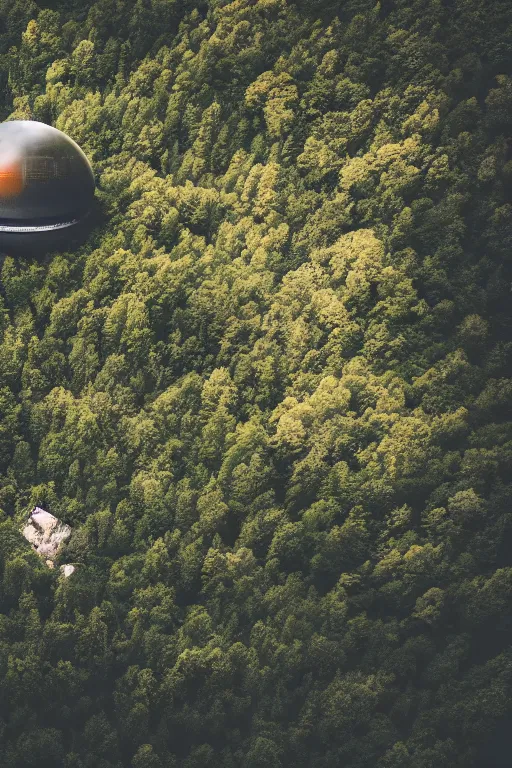 Image similar to sci fi nuclear containment buildings in a steep sided valley with trees, ufo flying around, a sense of hope and optimism, birds overhead, stark light, day time, unsplash, national geographic, hd, high res