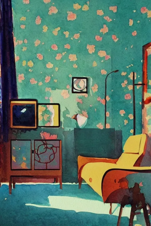 Prompt: a 70s impressionist watercolor of a retro 70s sci-fi floral bedroom by Cressida Campbell, by Wes Anderson, spiraling design