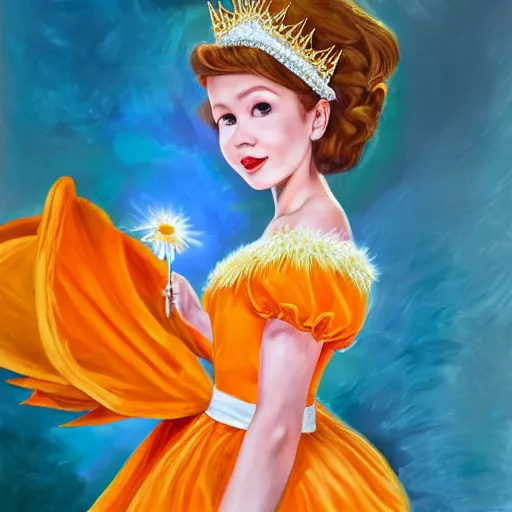 Prompt: An ultra realistic portrait painting of Princess Daisy wearing his orange dress and golden tiara, 4k, Ultrarealistic, Highly Detailed, Dark Fantasy, Epic Lighting