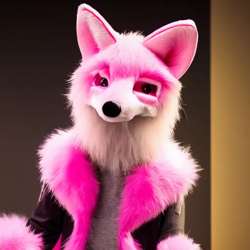 Image similar to cute pink fox fursuiter at a furry convention, realistic photograph, cinematic lens, studio lighting, indoors