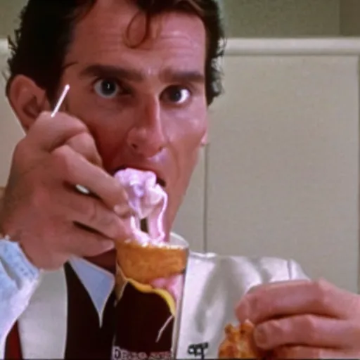 Prompt: patrick bateman eating a double bacon quarterpounder from mcdonalds, and holding a large coke