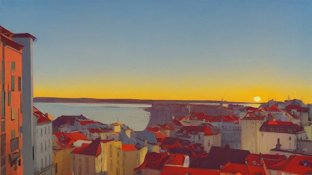 Prompt: street art. paralyzed by the indescribable beauty of the cosmos. amazing view of the sunrise from lisbon. art style by edward hopper daring, incredible