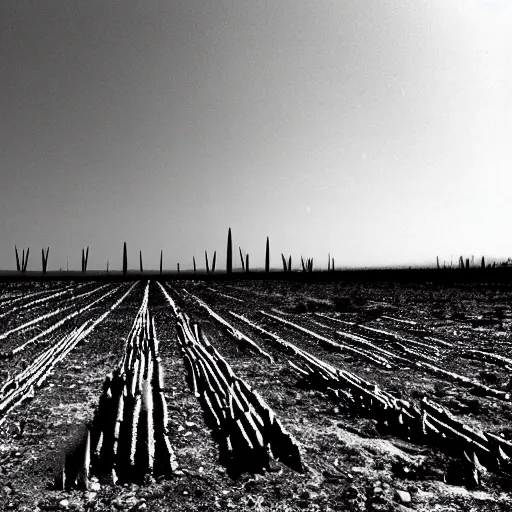 Image similar to radioactive spike field, monolithic stone spikes, creepy monotone black and white lighting, post nuclear fallout, desolate, no life, high resolution, old photo,