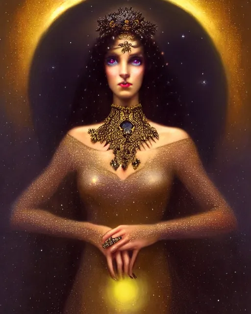 Image similar to Nocturne, glowing, stars, a portrait of a beautiful female shadow djinn with jeweled collar, long hair, glowing eyes, highly detailed, mysterious, ethereal, dressed in velvet and gold jewelry, haute couture, illustration, dramatic lighting, painting, by Edmund Blair Leighton, Brom, Charlie Bowater, trending on artstation, faces by Tom Bagshaw, otto schmidt