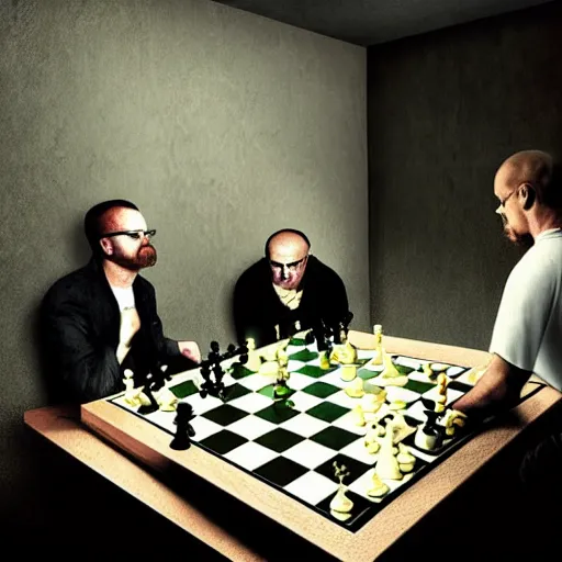 Prompt: Walter white and Jesse pinkman play chess, dark room, large fireplace 8k realistic