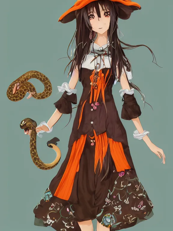 Image similar to A goodsmile anime figure Full shot of a cute mischievous young witch about to get up to some trouble with her playful snake familiar. Latin American fashion. Floral patterns. Black and Orange palette. Magic. Latina girl. brown skin. defined facial features, symmetrical facial features. Smiling. Key Art. Fantasy Illustration. award winning, Artstation, intricate details, realistic, Hyperdetailed, 8k resolution.