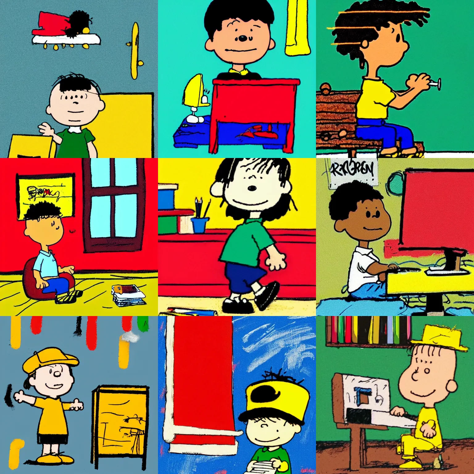 Prompt: a cute simple kid's crayon illustration of a young moroccan black 👦🏿 boy working at his home computer in his modern office bedroom, artstation, in the style of peanuts by charles m. schulz, by rossdraws and artgerm and studio ghibli and basquiat, masterpiece, hd, award winning, solid color background, red green yellow color scheme