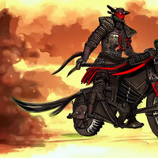 Image similar to cool samurai riding motorcycle through the gates of hell, video game concept art