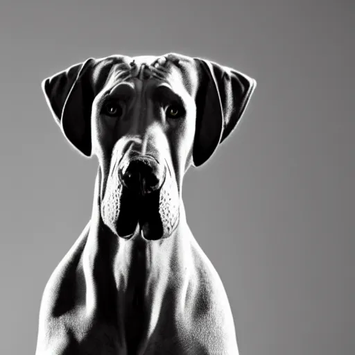 Prompt: photo of a hairless great dane sitting upright