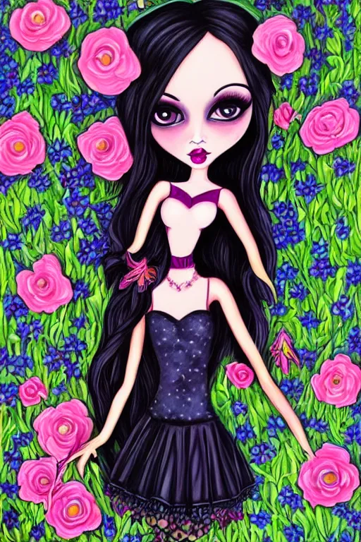 Image similar to gothic barbie with flowers painted by jeremiah ketner