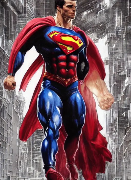 Image similar to portrait of crossfit bodybuilder sprinter superman!, futuristic detailed ornate cyberpunk costume!, red and black costume!!!, pale skin!, no logo!!!, painted art by tsuyoshi nagano, greg rutkowski, artgerm, alphonse mucha, spike painting