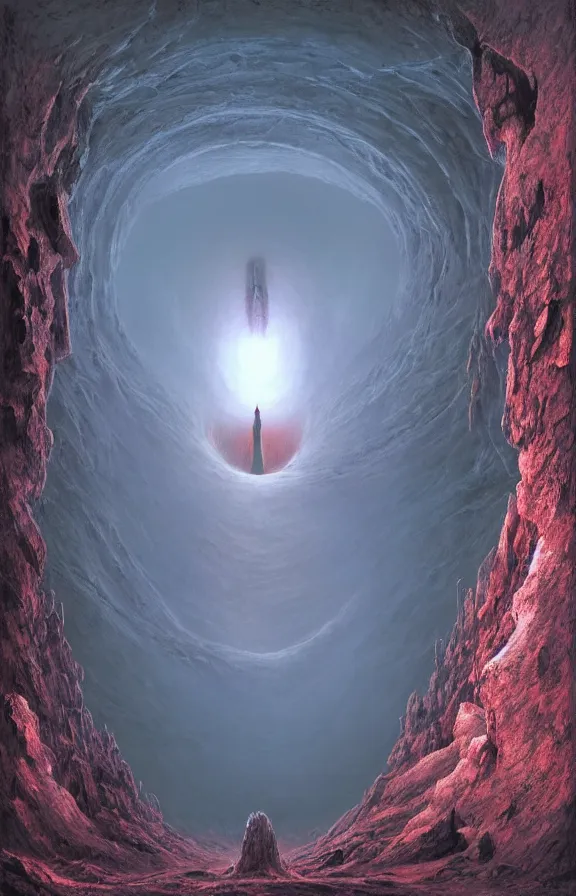 Image similar to enormous portal into godhood created by primordial demiurge flickers omniously on a barren hellish exoplanet, philosophical concept illustrated by James Gurney and Zdzislaw Beksinski and Dariusz Zawadski, dramatic lighting, ultra HD, HDR, 8k