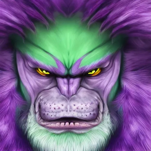 Prompt: super detailed head and shoulder portrait of a Dungeons and Dragons bugbear with purple fur and green hair,he looks angry, Fantasy, 4k, epic, HD, DnD