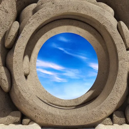 Image similar to stargate made of stone that form a circle, portal to another dimension cinematic view, epic sky highly detailed