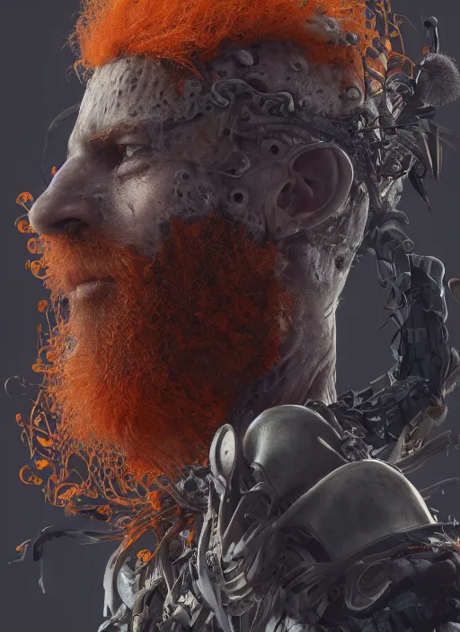 Image similar to biopunk portrait of curly orange hair man from dark souls, au naturel, hyper detailed, digital art, trending in artstation, cinematic lighting, studio quality, smooth render, unreal engine 5 rendered, octane rendered, art style by klimt and nixeu and ian sprigger and wlop and krenz cushart.