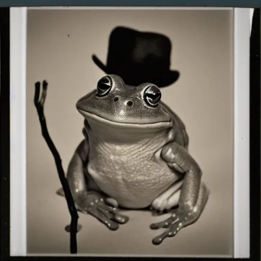 Prompt: A photo of a frog with a hat, he looks very sophisticated, he has a walking stick, polaroid photo