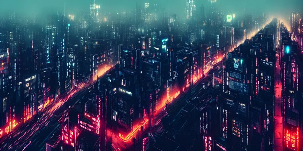 Image similar to megacity streets seen from above, neon signs, giant screens, eerie fog, blade runner, ex machina