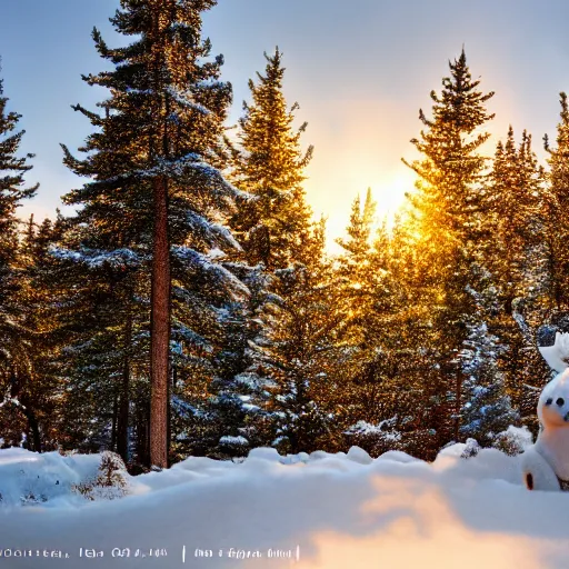 Image similar to snowflake in front of pinetree forrest behind moose, realistic, golden hour, hdr lights