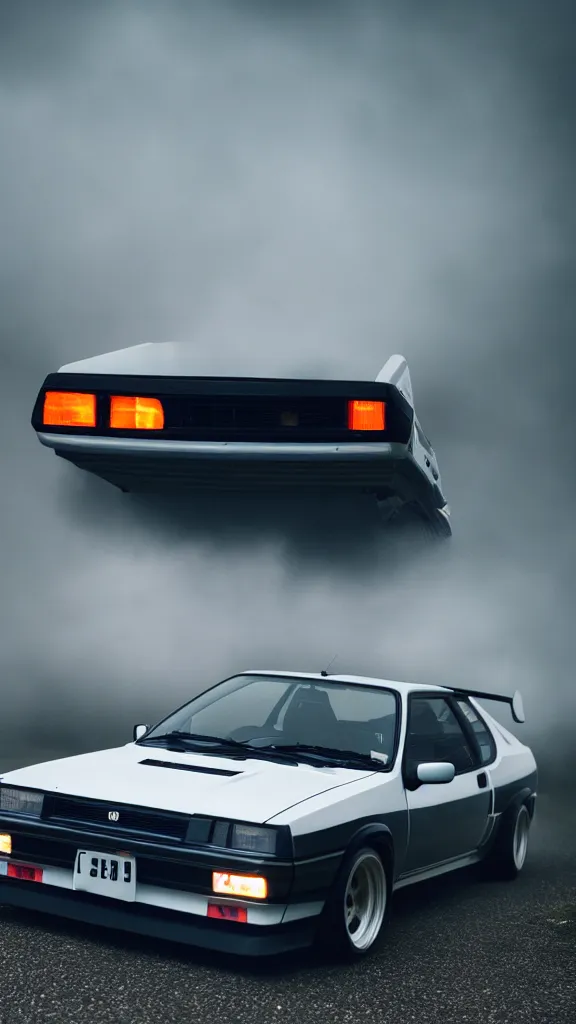 Image similar to a trueno ae 8 6 with pop up headlights, cinematic, long exposure, white balance, 8 k, led, lumen global illumination, fog, ray tracing reflections