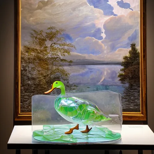 Prompt: a transparent sculpture of a duck made out of glass. the sculpture is in front of a painting of a landscape.