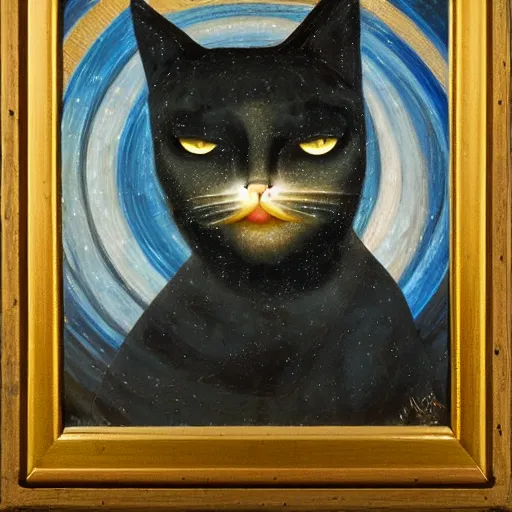 Image similar to the illuminated mystic dark cat, softly lit from behind like a Catholic saint portrait, full moon night, in the desert. Portrait by Paul Bonner, oil on canvas