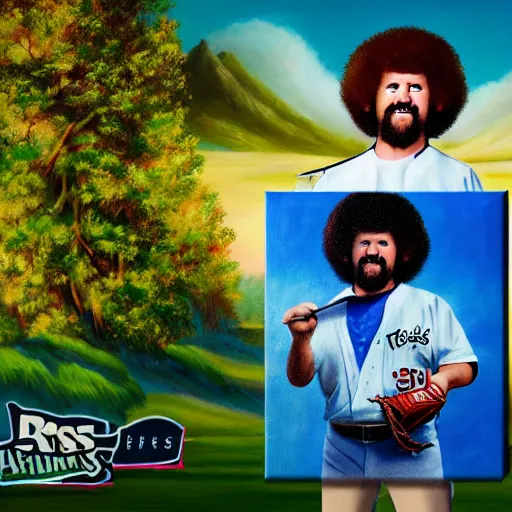 Image similar to a closeup photorealistic photograph of bob ross themed kenny powers baseball, painting on a canvas. mountains and trees. film still. brightly lit scene. this 4 k hd image is trending on artstation, featured on behance, well - rendered, extra crisp, features intricate detail, epic composition and the style of unreal engine.