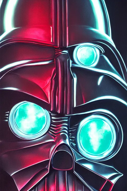 Image similar to detailed portrait of a Darth Vader Santa hybrid with compound eyes, strong neon lighting, raining, mysterious, mirror shades, by glenn fabry, hyper realistic, HD, oil on canvas