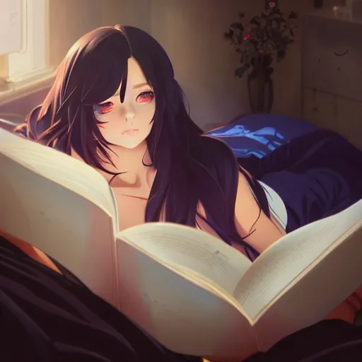 Image similar to a beautiful girl with long dark hair, lying in bed while reading a book, night time, sharp focus, intricate, digital painting, artstation, official media, anime key visual, highly detailed, rich vivid colors, ambient lighting, dynamic lighting, illustration, art by Artgerm, Makoto Shinkai, Ilya Kuvshinov, Lois Van Baarle, and Rossdraws