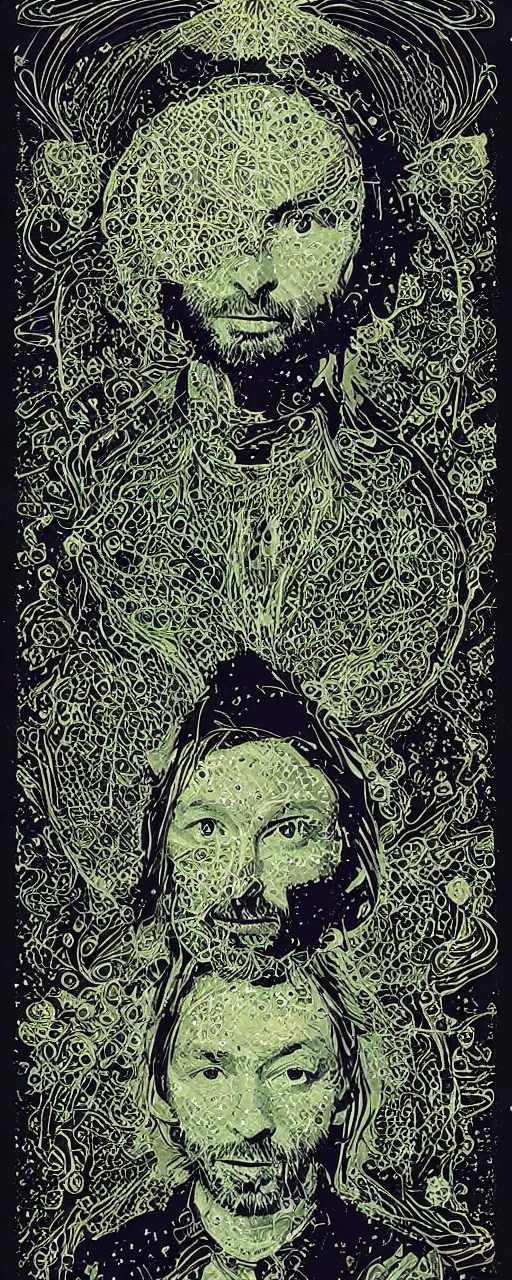 Prompt: disco diffusion portrait of Thom Yorke, on the moon:: cosmic tarot card, intricate fractal details, broken reality, fanciful floral mandelbulb, black paper, style of wes anderson