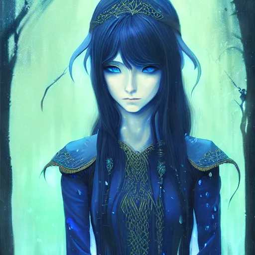 Image similar to highly detailed portrait of an elven fairy, in the rain, highly detailed, painting, dark blue and black color palette, intricate, high quality anime artstyle, in the style of ilya kuvshinov