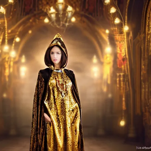 Image similar to a beautiful young female wizard dressed in ornate robes wearing sparkling gold jewelry