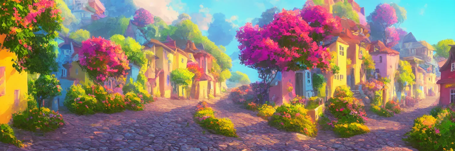 Prompt: a lonely cobblestone street with flowers on a hill with colorful houses near the beach and the sea, brightly illuminated by rays of sun, artstation, colorful sylvain sarrailh illustration, game background