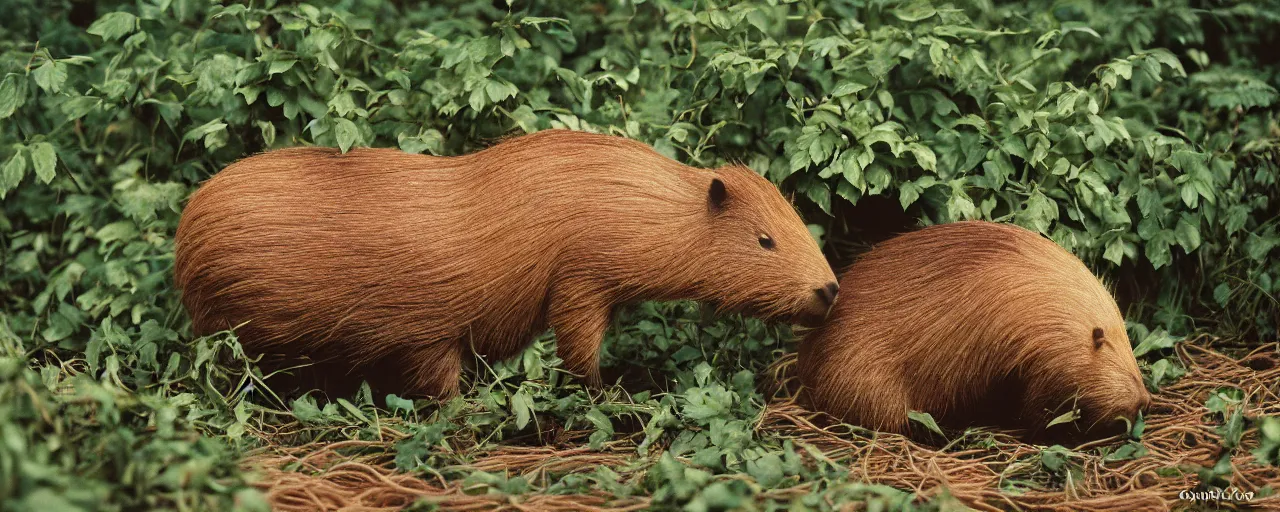 Image similar to one single capybara eating spaghetti from a bush, in the style of national geographic, canon 5 0 mm, film, kodachrome, retro, muted