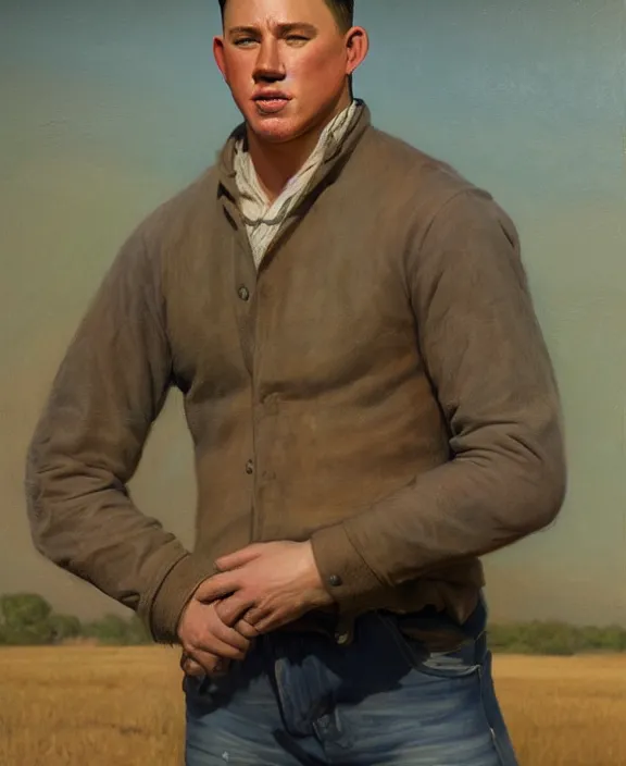 Image similar to portrait of channing tatum as an mississippi farm boy, art by denys tsiperko and bogdan rezunenko and george caleb bingham, hyperrealism